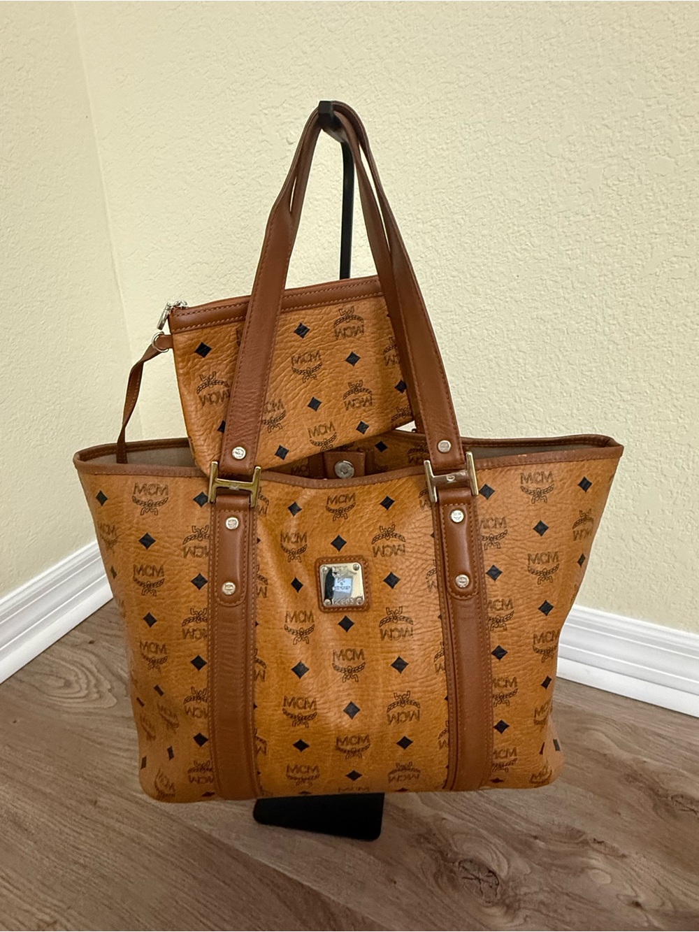 Authentic MCM Cognac Monogrammed Visetos Tote with Matching Pouch